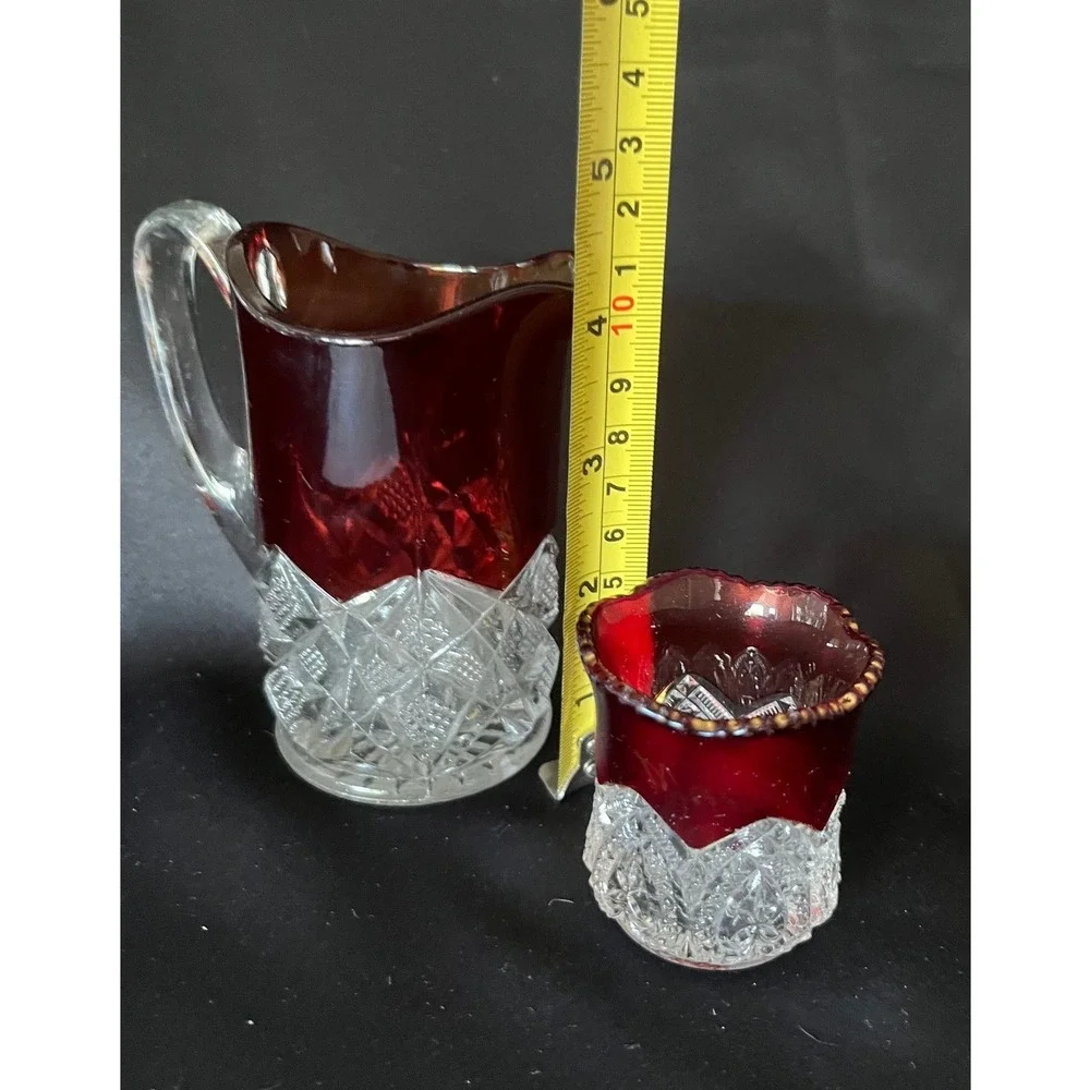 Antique EAPG Ruby Stained Glass Creamer and Toothpick Holder Margaret Inscribed